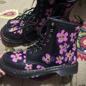 Dr. Martens Black and Pink Floral Combat Boots